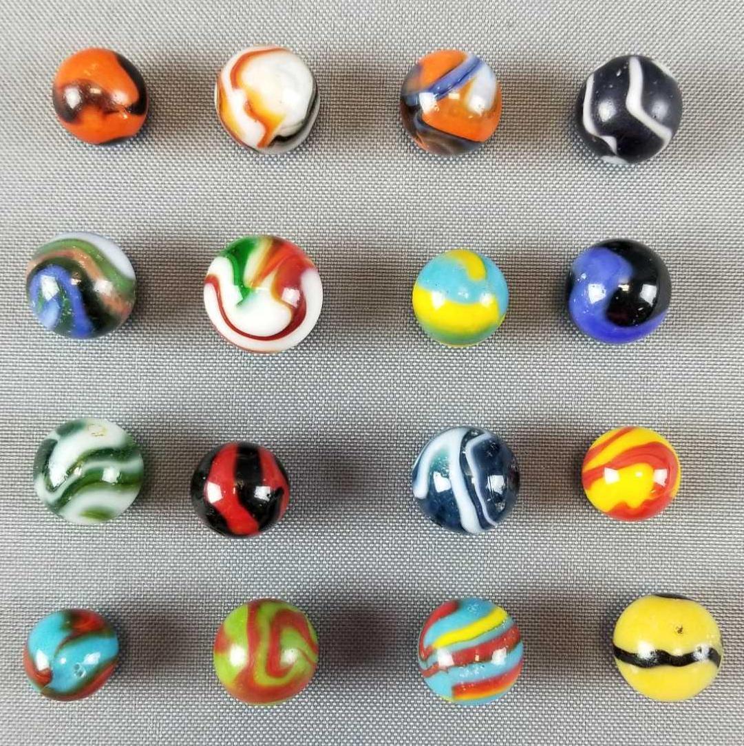 Group of 16 Vintage Marbles: Includes Peltier Superman, Christmas Tree more. All have some flaws