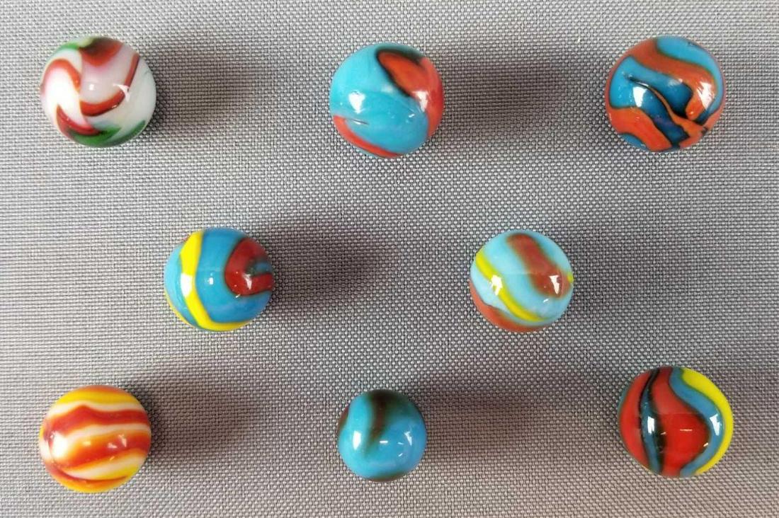 Group of 8 Vintage Peltier Glass Marbles: Includes Peltier Superman, Spiderman, Christmas Tree Ketchup Mustard, Some flaws
