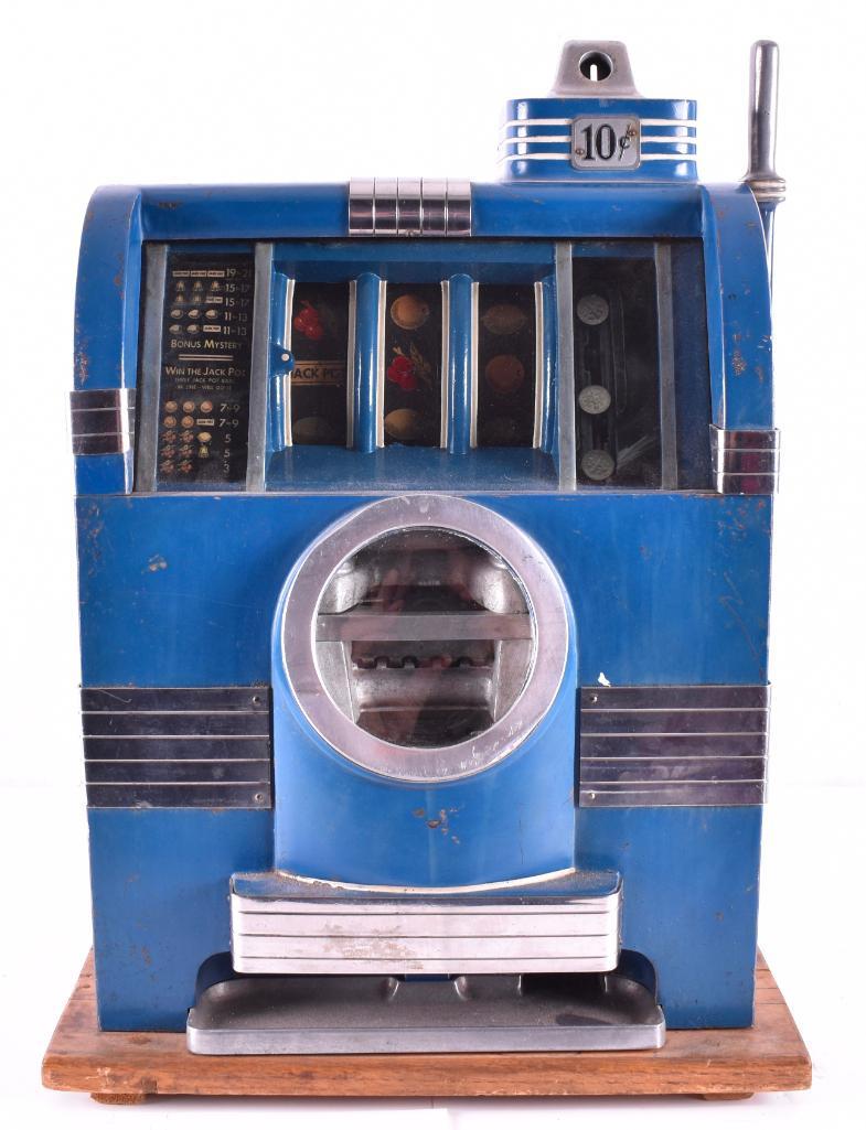 Antique 10 Cent Slot Machine: 16 x 15 x 22 1/2 inches; working condition