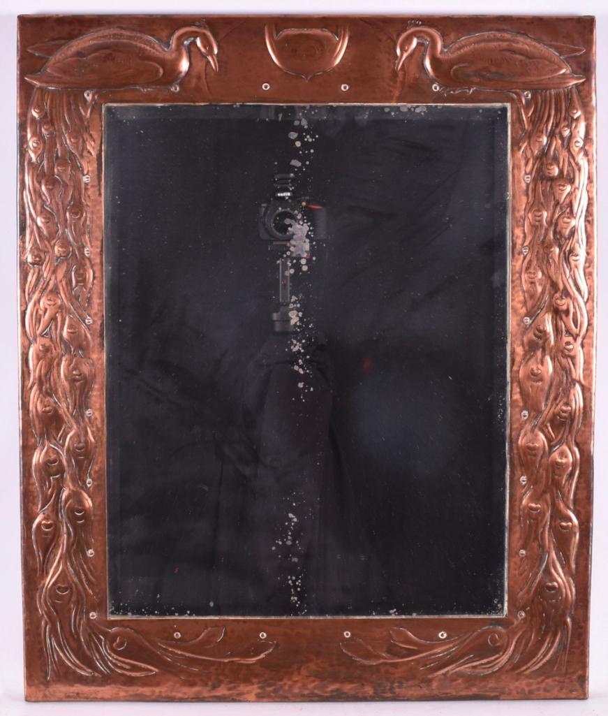 Antique Hammered Copper Beveled Glass Mirror with: 20 1/2 x 24 1/2 inches