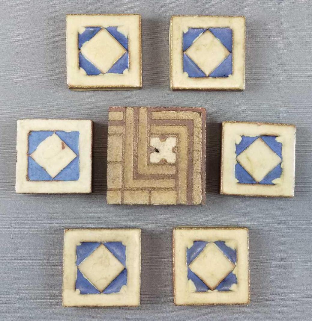 Group of 7 : Vintage Grueby Pottery Arts and Crafts: Largest tile measures 4 x 4 inches