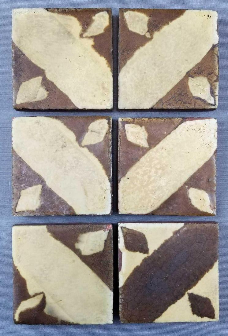 Group of 6 : Grueby Pottery Arts and Crafts Tiles: Set of 6 brown and beige 4 inch Grueby Pottery tiles. Crazing, some wear. One has chipped corner
