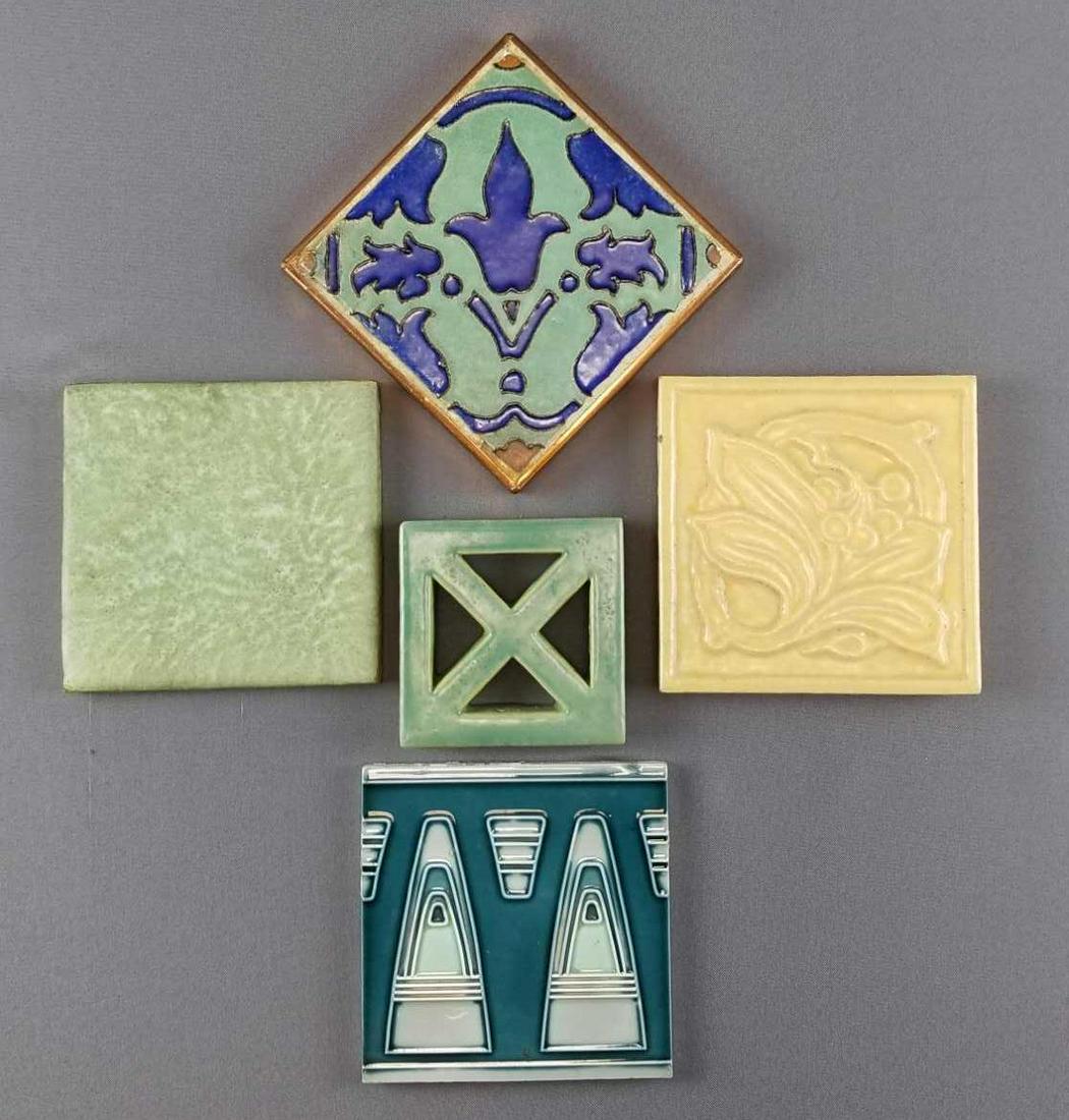 Group of 5 : Tiles/Trivets - American Encaustic,: The collection of Arts and Crafts tiles features American Encaustic, Franklin, Georg Bankel and others. Largest tile in this collection measures 6 1/2 x 6 1/2 inches