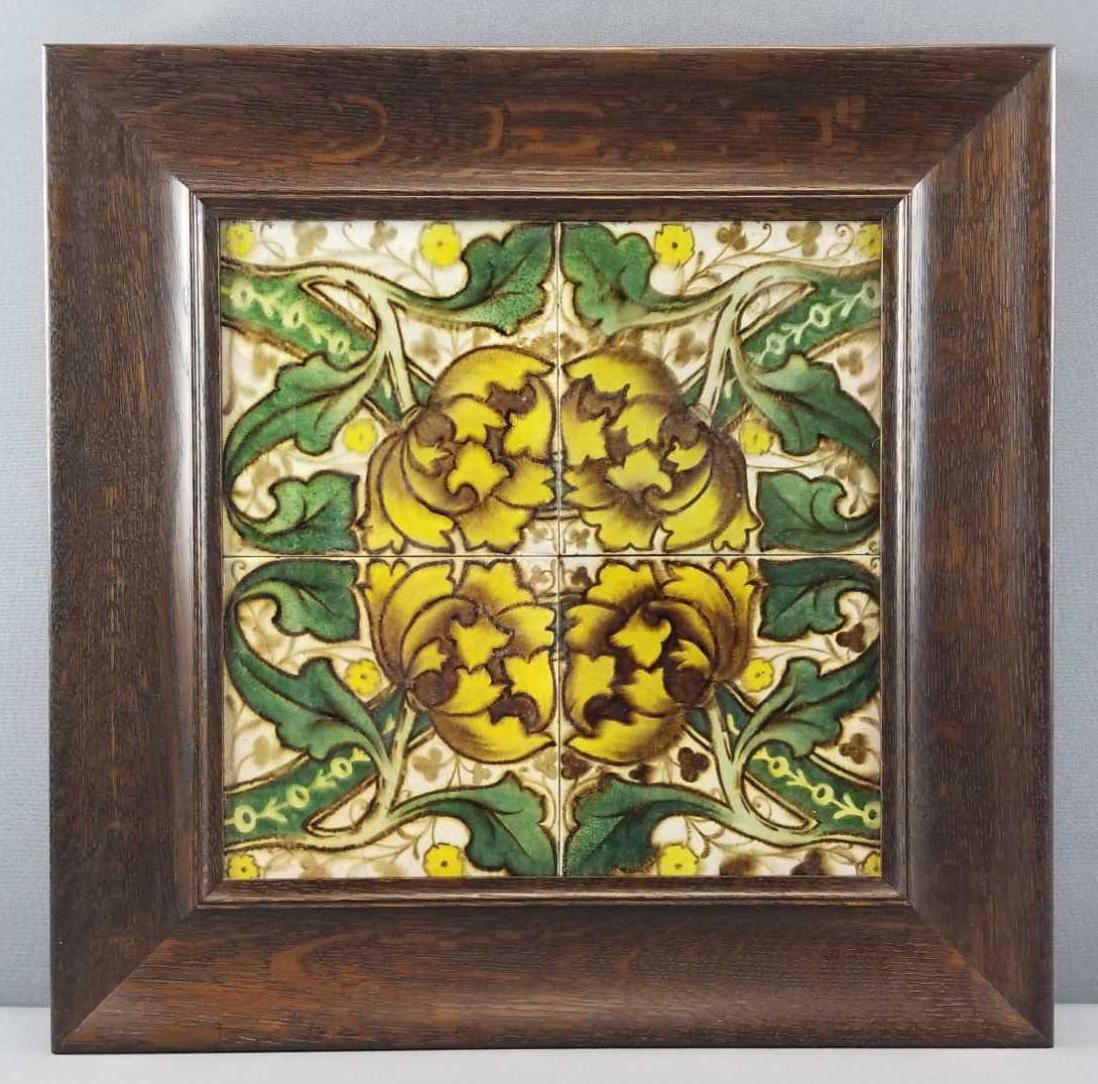 Framed Vintage Art Tiles: The framed four floral tiles measure 17 3/4 x 17 3/4 inches
