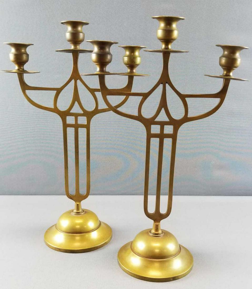 Pair of Arts and Crafts Three-Candle Candelabra: Attractive period detailing on this pair of 16 inches tall candelabra - candle holder is loose