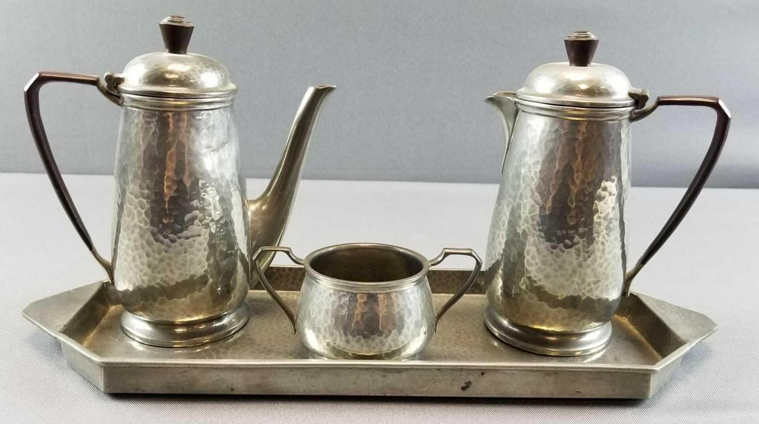 Archibald Knox Liberty Co. Tudric Hammered Pewter: An exceptionally attractive 4-piece set. Tray measures 15 x 5 inches and is marked "K" , "Tudric", and"01915" under handle