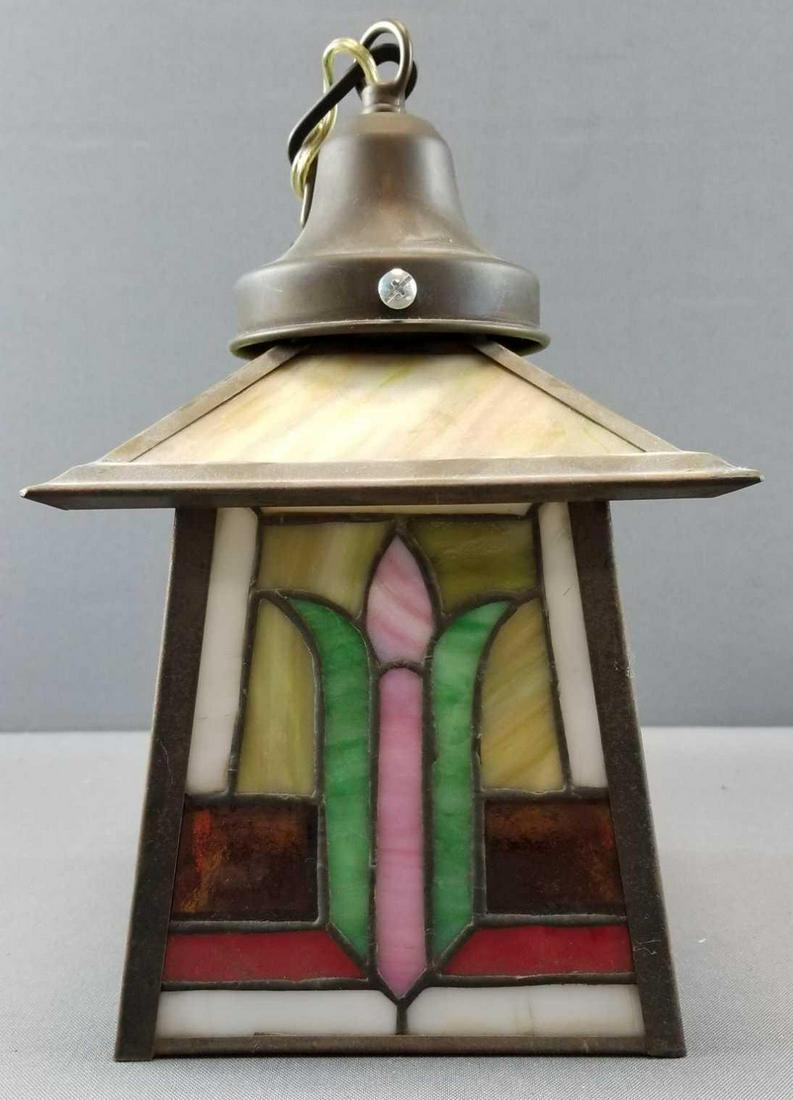 Vintage Arts and Crafts Slag Glass Hanging Wall Mount: Total hanging length 19 inches. All glass is intact; untested