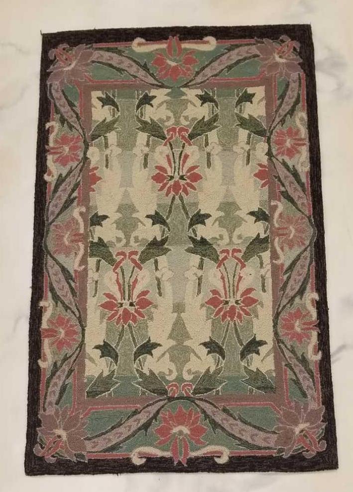 Vintage Hooked Rectangular Area Rug: 35 x 60 inches. Mauves, pinks, greens