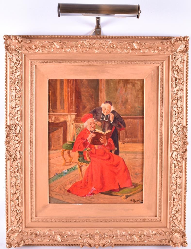 George Duval : "Clergy Conference" in Ornate Gilded: Antique Oil on Canvas "Clergy Conference" by George Duval in ornate gilded Frame measuring 18 1/2 x 21 1/2 inches; Canvas measures 12 x 14 inches