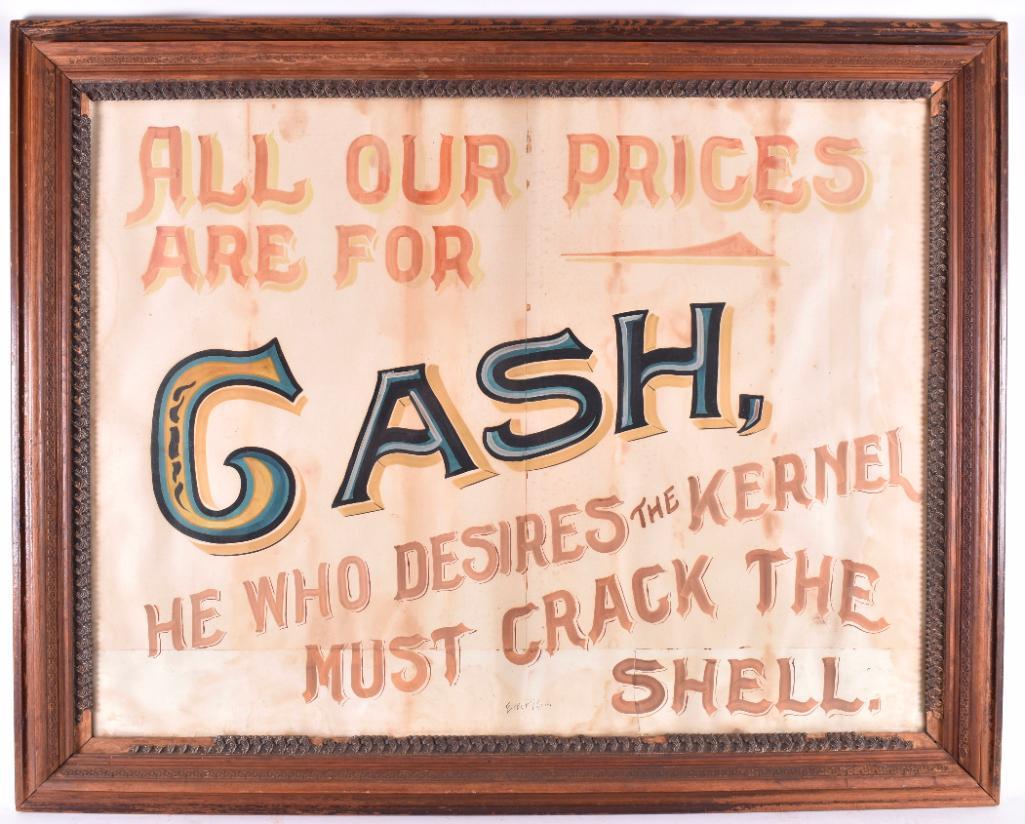 Antique Framed "Cash" Poster by Erbar Sign Co.: Frame measures 49 1/4 x 39 1/4 inches, Poster measures 42 x 32 inches, Damage throughout frame. Due to the size of the frame, third party shipping is recommended