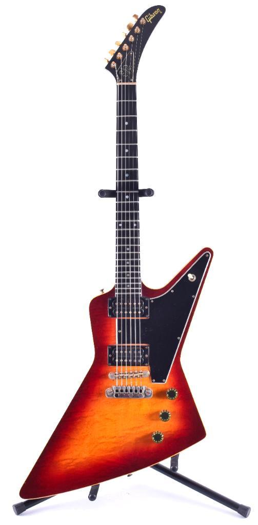 1981 Gibson Explorer E2 Electric Guitar with Case: Serial Number 81181004, T Top humbucker pickups, 3 tone burst, figured top, fine tuner bridge, dirty fingers pick ups, Sounds Huge, Ebony fretboard. Professionally cleaned pots, fret board, polished f