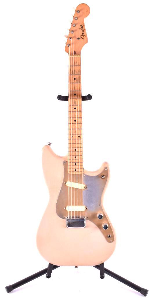 1956 Fender Duo-Sonic Electric Guitar with Case: Serial Number 14680, Desert Sand Body, Beautiful Vintage Fender, All Original, Gold anodized pick guard, set up with DR pure blue 11-50 strings, mild body dings on back and pick wear on top, well worn