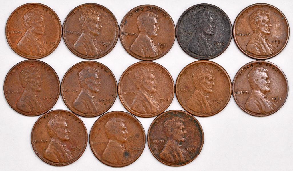 Group of (13) Lincoln Wheat Cents (1 of 2)
