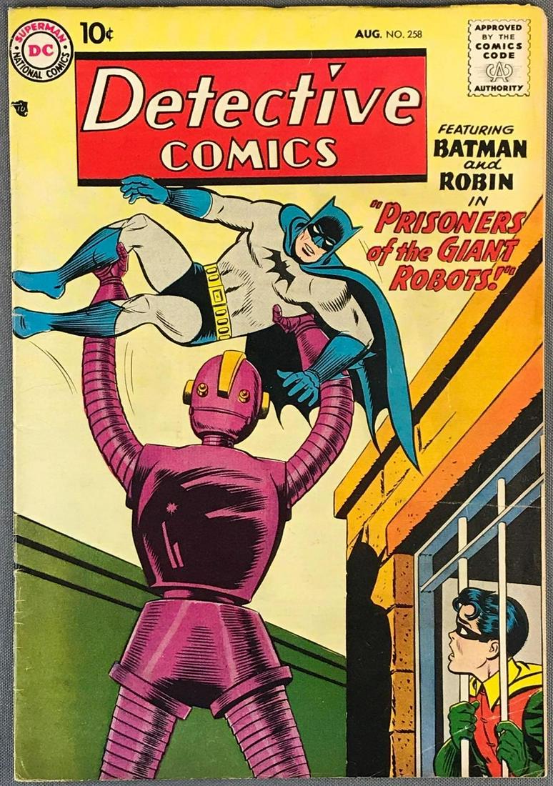 DC Comics Detective Comics No. 258 Comic Book: Batman with Robin in â€œPrisoners of the Giant Robot” Published August 1958 $.10, Silver Age, bagged and boarded. Damage shown in photos.