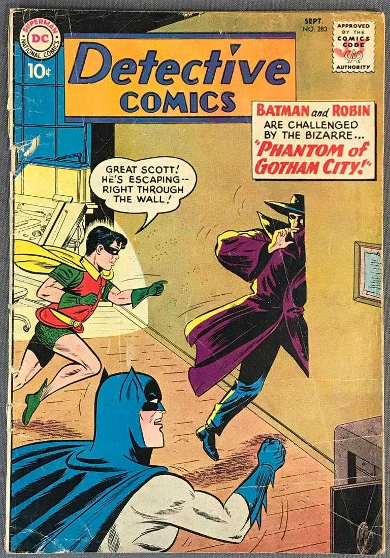 DC Comics Detective Comics No. 283 Comic Book: Batman with Robin in â€œPhantom of Gotham City” Published September 1960 $.10 Silver Age, bagged and boarded. Damage shown in photos.