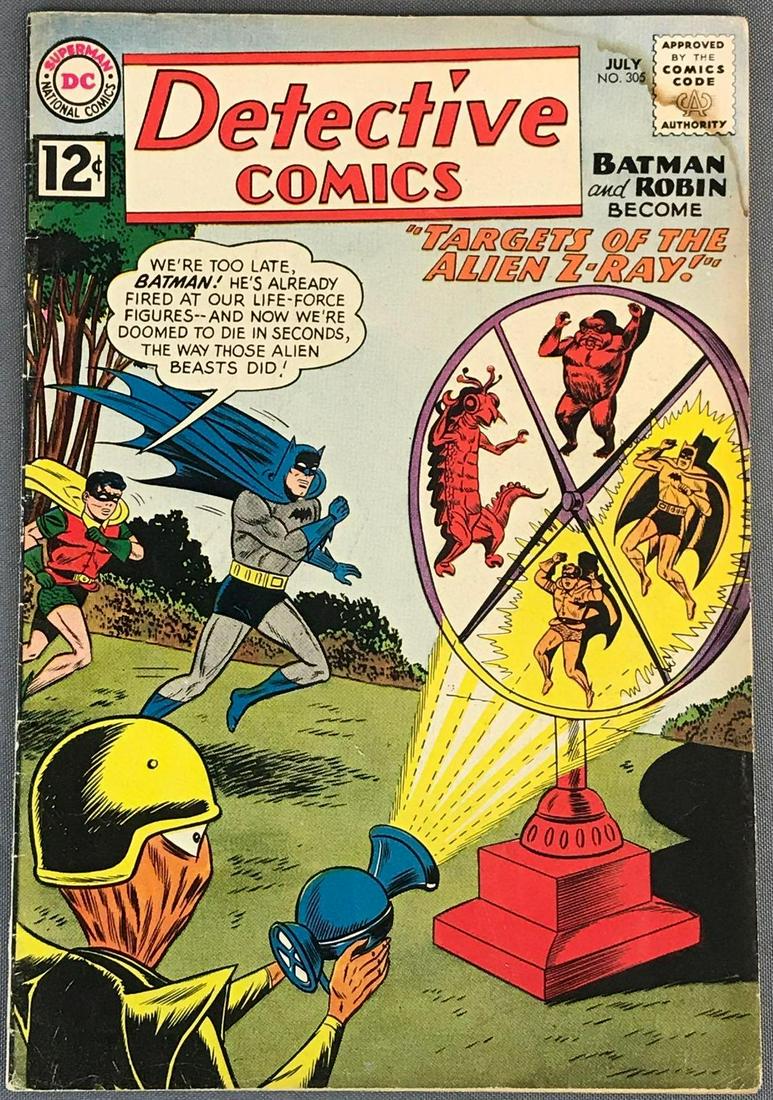 DC Comics Detective Comics No. 305 Comic Book: Batman with Robin in â€œTargets of the Alien Z-Ray” Published July 1962 $.12 Silver Age, bagged and boarded. Damage shown in photos.