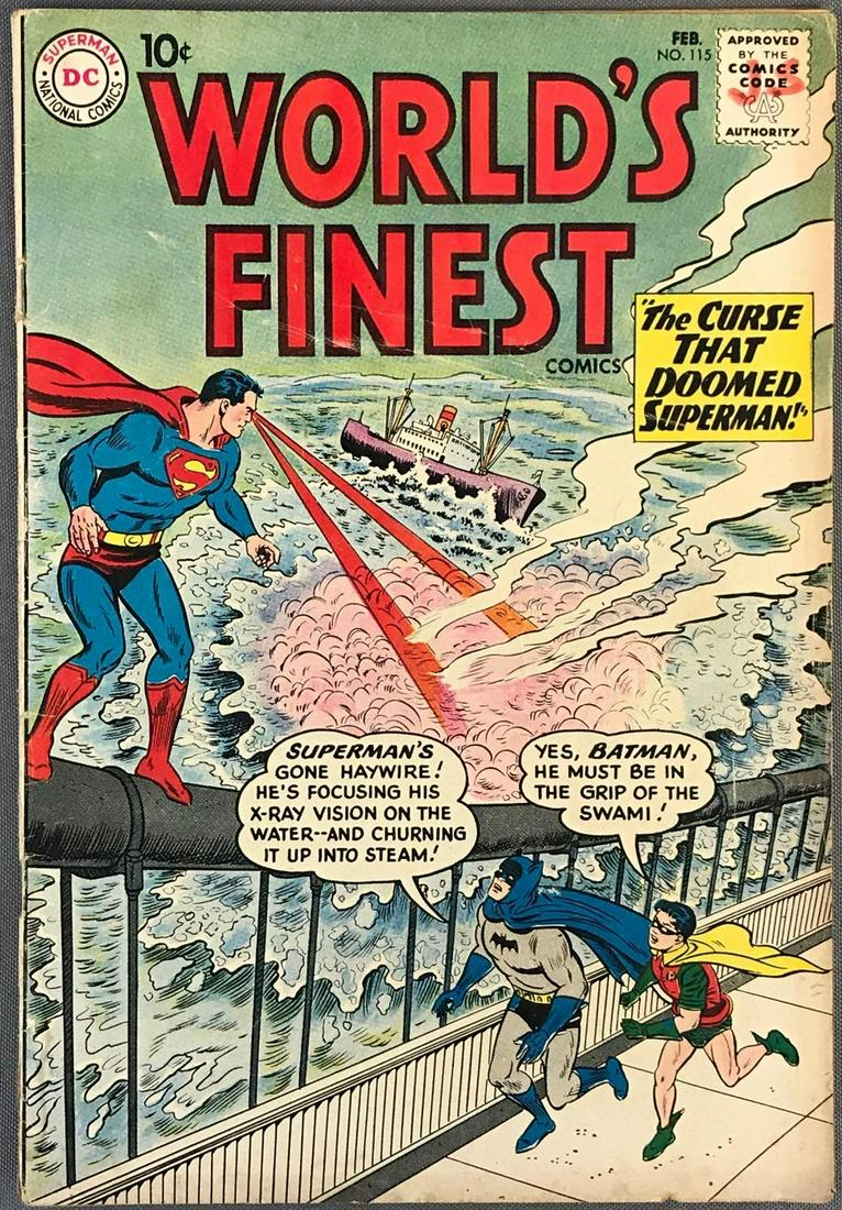 DC Comics Worlds Finest Comics No. 115 Comic Book: Superman & Batman with Robin in â€œThe Curse that Doomed Superman!” Published February 1961 $.10 Silver Age, bagged and boarded.