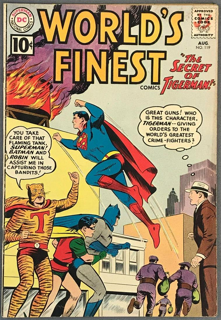 DC Comics Worlds Finest Comics No. 119 Comic Book: Superman & Batman with Robin in â€œThe Secret of Tigerman” Published August 1961 $.10 Silver Age, bagged and boarded. Damage as shown in photos.