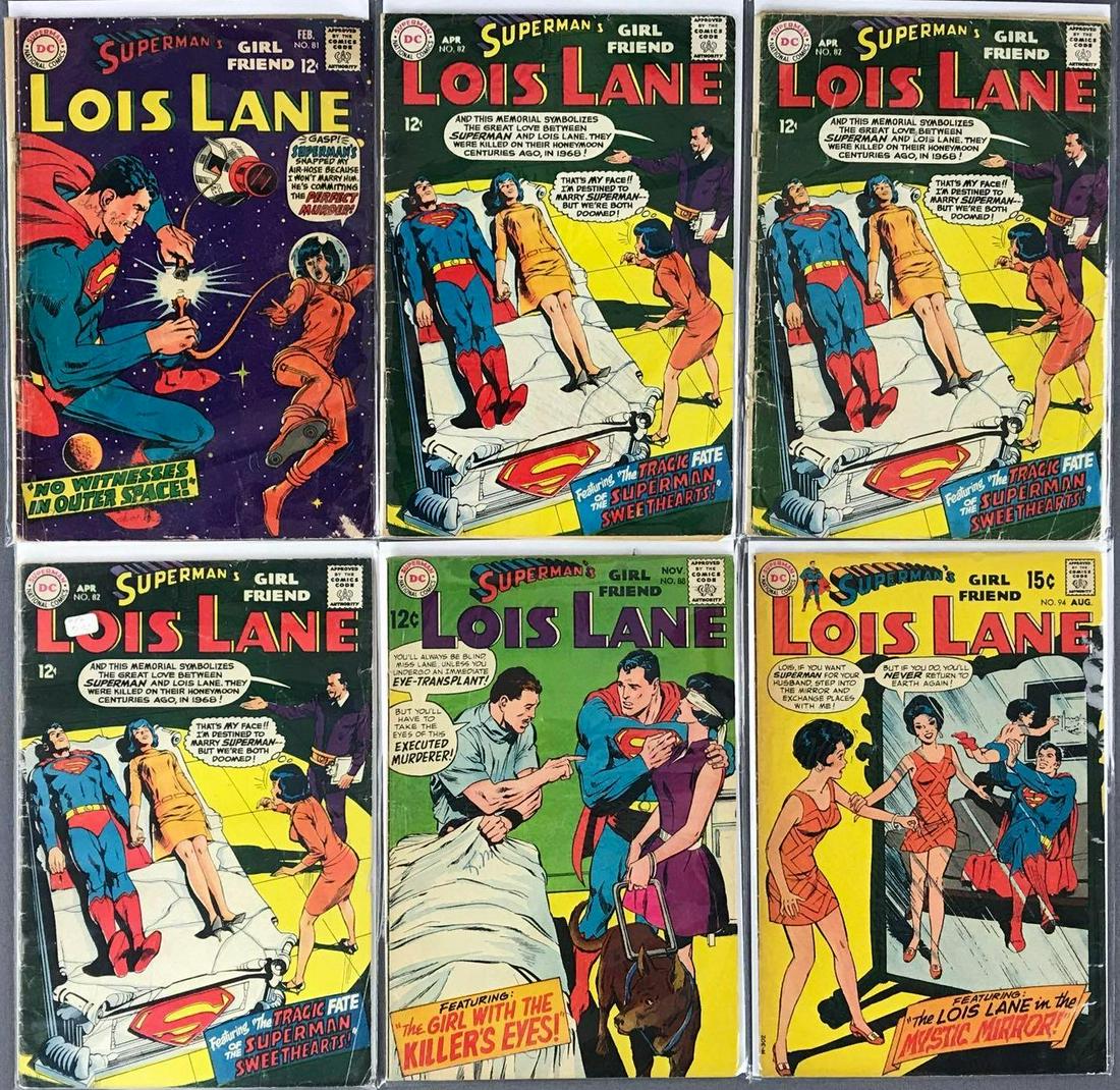 Group of 6 DC Comics Supermans Girlfriend Lois Lane: Includes No. 81 (published February 1968 $.12), No. 82, No. 88 & No. 94 (published August 1969 $.15) Silver Age, bagged and boarded. Includes duplicates.