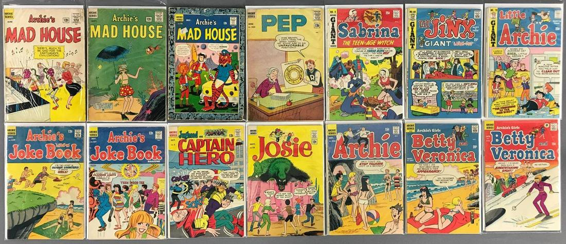 Group of 14 Archie Series Assorted Comic Books: Includes Archies Mad House No. 19 (published June 1962 $.12), No. 28 & No. 51; PEP No. 163 (published June 1963 $.12); Sabrina The Teen-Age Witch No. 9 (published October 1972 $.25), Lil Jinx Giant La