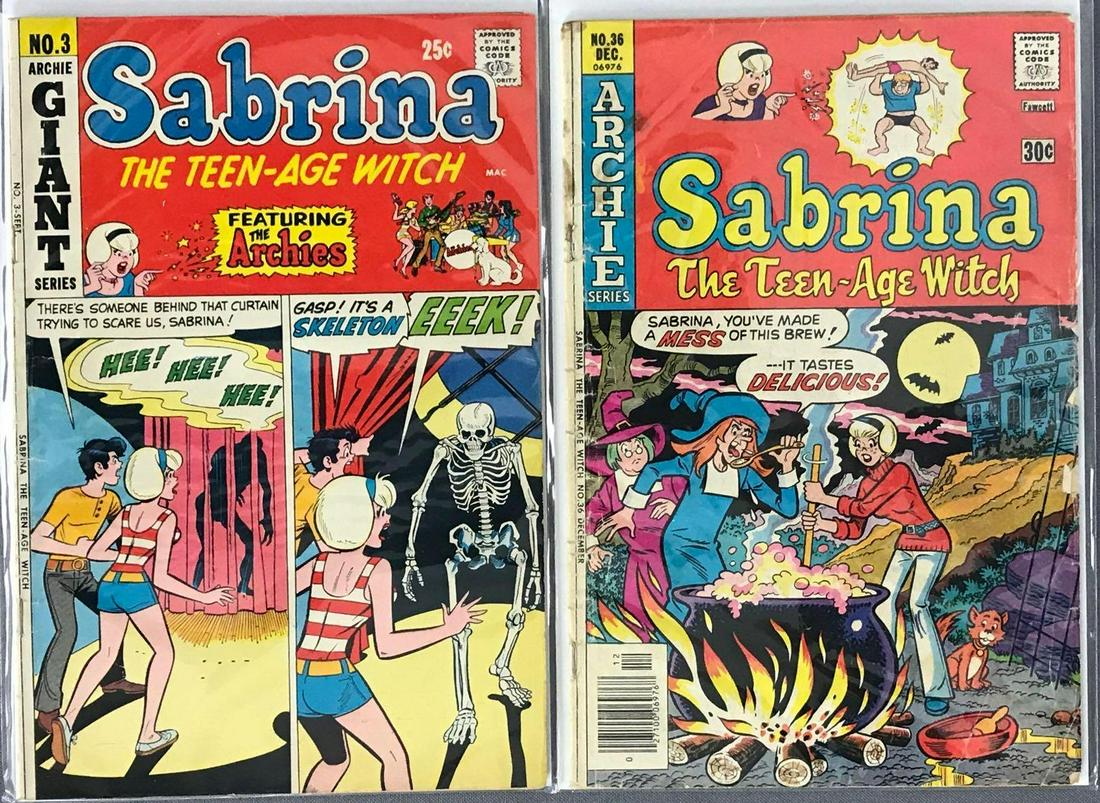 Group of 2 Archie Series Sabrina The Teen-Age Witch: Includes No. 3 (published September 1971 $.25) & No. 36 (published 1976 $.30). Bronze Age, bagged and boarded.