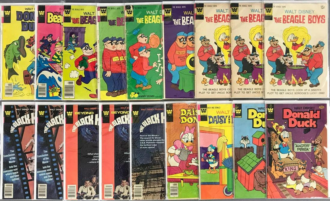 Group of 18 Whitman Comics Assorted Walt Disney Comic: Includes Donald Duck, Daisy and Donald, The Black Hole & The Beagle Boys. Bagged and boarded, includes duplicates.