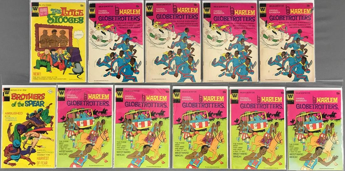 Group of 11 Whitman Comics Assorted Comic Books: Includes The Little Stooges, Harlem Globetrotters & Brothers of the Spear. Bagged and boarded, includes duplicates.