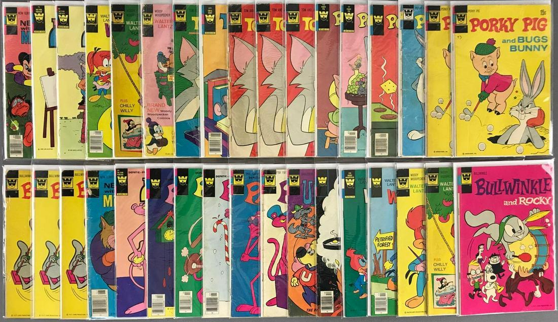 Group of 30 Plus Whitman Comics Assorted Comic Books: Includes Bullwinkle and Rocky, Woody Woodpecker, Underdog, The Pink Panther and The Inspector, New Terrytoons with Mighty Mouse, Porky Pig and Bugs Bunny & Tom and Jerry. Bagged and boarded, includes 