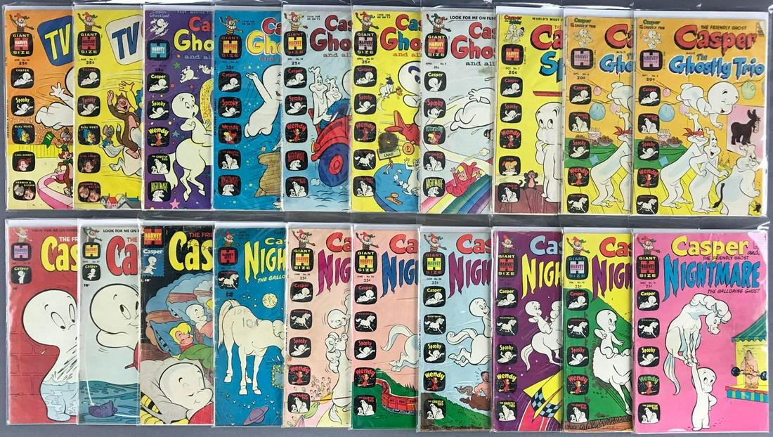 Group of 20 Harvey Comics Casper the Friendly Ghost: Includes Casper and Nightmare The Galloping Ghost, Casper, Casper and the Ghosty Trio, Casper and Spooky, Caspers Ghostland & TV Casper and Company. Bagged and boarded.