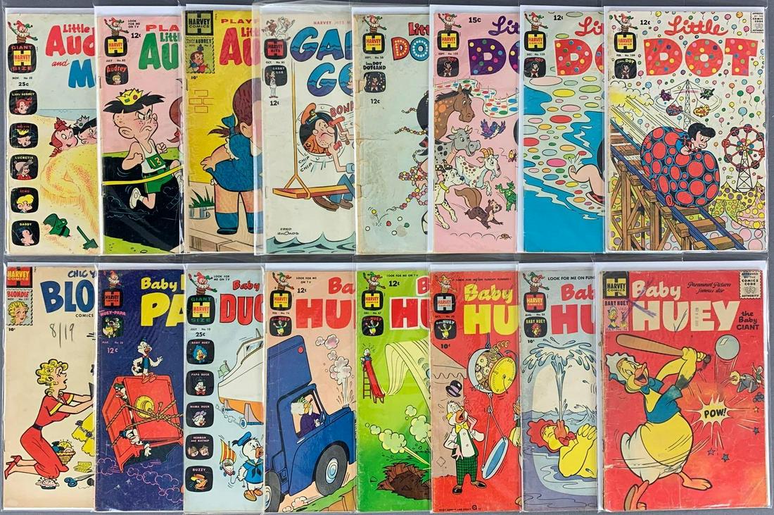Group of 16 Harvey Comics Assorted Comic Books: Includes Baby Huey, Baby Huey in Duckland, Baby Huey Papa, Blondie, Little Dot, Gabby Gob, Playful Little Audrey & Little Audrey and Melvin. Some bagged and boarded, includes duplicates.
