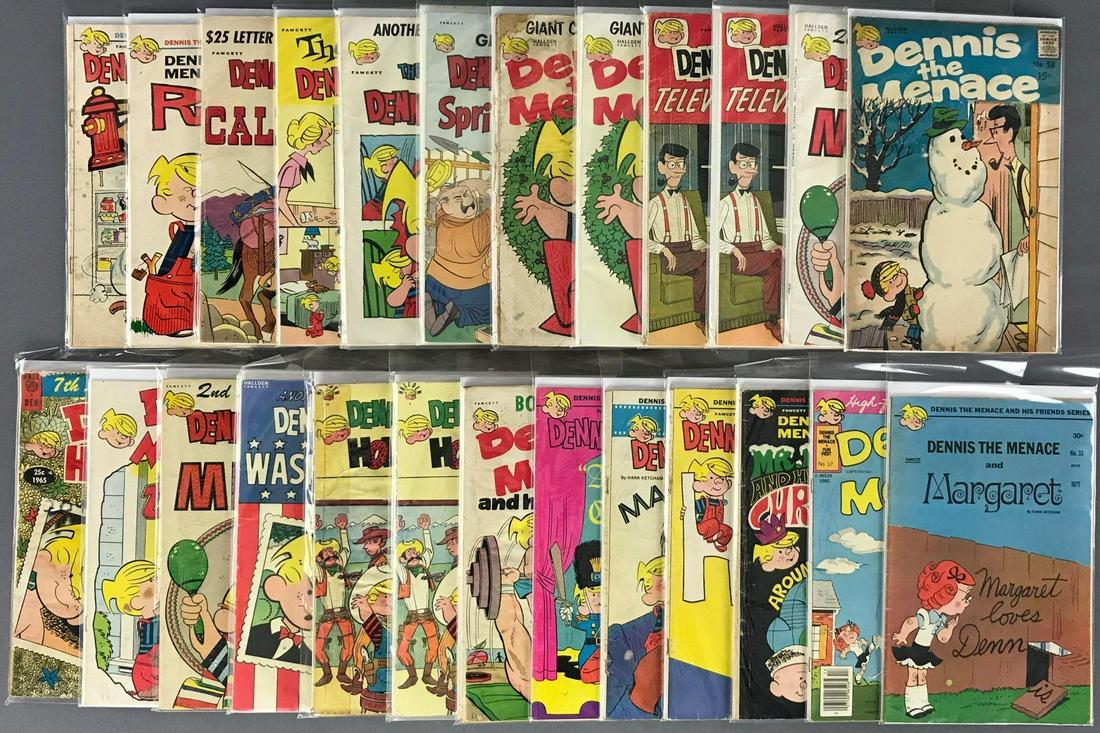 Group of 20 Plus Fawcett Comic Books Dennis the Menace: Includes Dennis and his Friends Series, Christmas Issue, Television Special & Dennis the Menace and Ruffy. Bagged and boarded, includes duplicates.