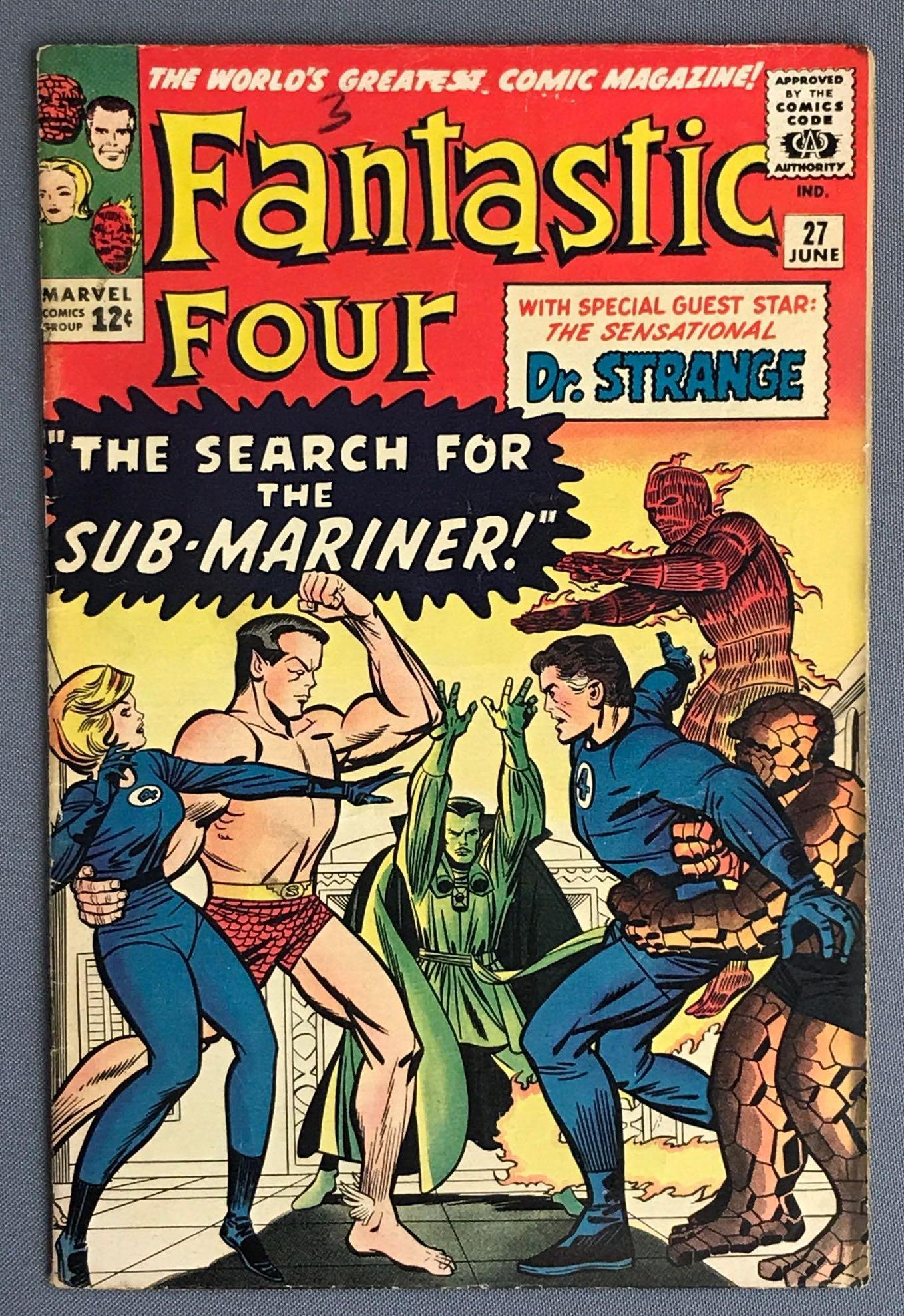 Marvel Comics Fantastic Four No. 27 Comic Book: Doctor Strange crossover â€œThe Search for Sub-Mariner” Published June 1964 $.12, Silver Age, bagged and boarded. Damage as shown in photo.