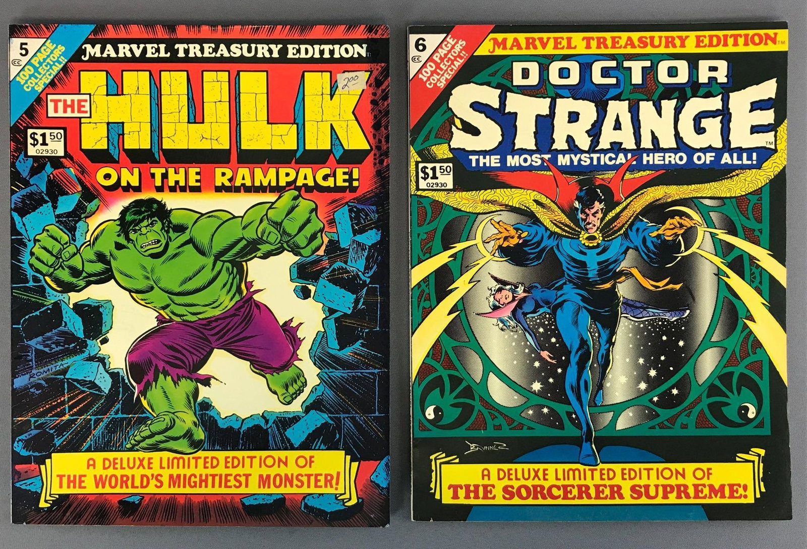 Group of 2 Marvel Comics Treasury Edition Assorted: Includes The Hulk on the Rampage No. 5 & Doctor Strange No. 6, Bronze Age, bagged. Ink on spine & sides of Hulk, some shown in photos.