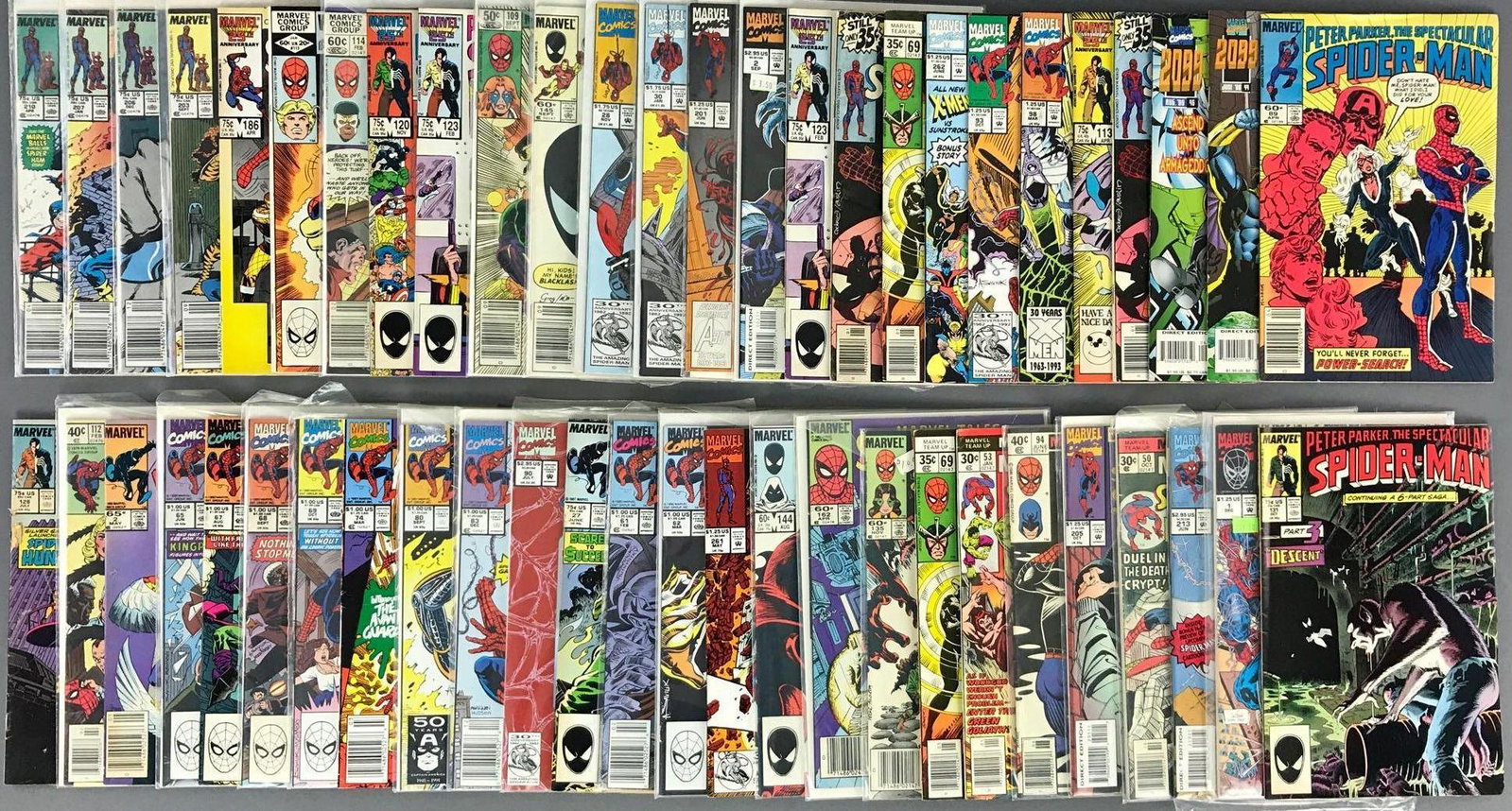 Group of Approximately 50 Marvel Comic Spider-Man Comic: Includes series Peter Parker The Spectacular Spider-Man, Marvel Team featuring Spider-Man and Dr. Strange, Web of Spider-Man and more. Includes Bronze and Modern Age, some bagged and boarded.
