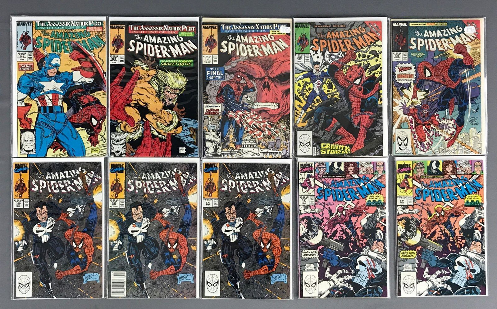 Group of 10 Marvel Comics The Amazing Spider-Man Comic: Includes No. 323 (published November 1989 $1.00)â€”No.327, No. 330 & No. 331 (published April 1990 $1.00), Modern Age, bagged and boarded, includes duplicates.