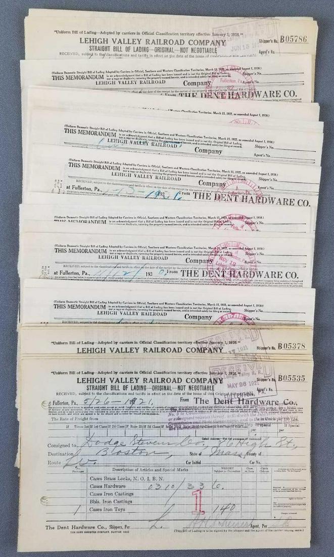 Group of vintage Lehigh Valley Railroad co bill of: From the Dent Hardware co. Dated 1920s-30s.