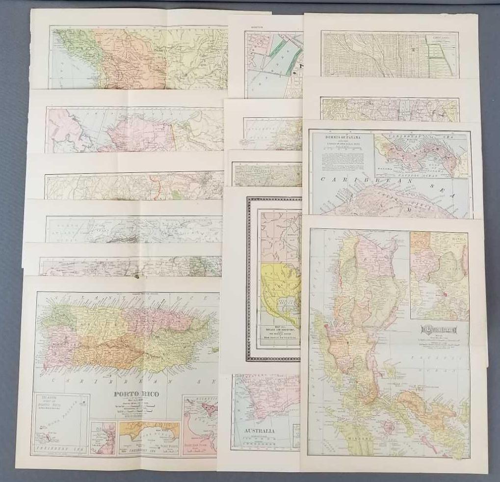 Group of antique maps: Circa 1900s. Porto Rico, Luzon Island, Africa, Boston, Chicago, Australia and more