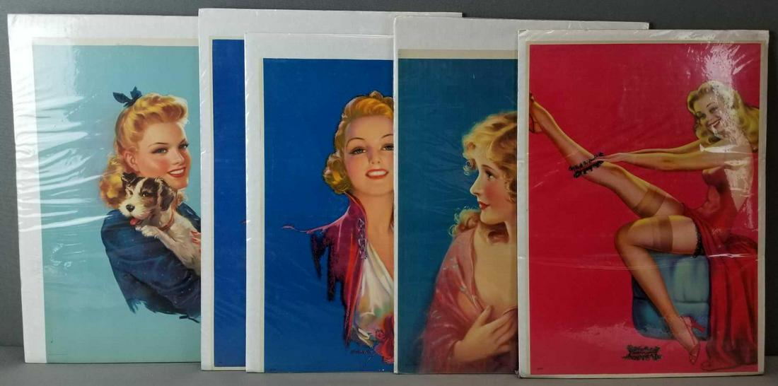 Group of 5 vintage lithographs of women: Duplicates of one print. One by Mabel Rollins Harris, others J Erbit. 12 x 17