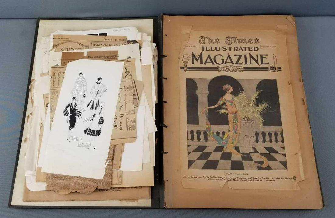 Antique scrapbook with fashion and advertising: Harpers Bazar pages, The Times illustrated, and more
