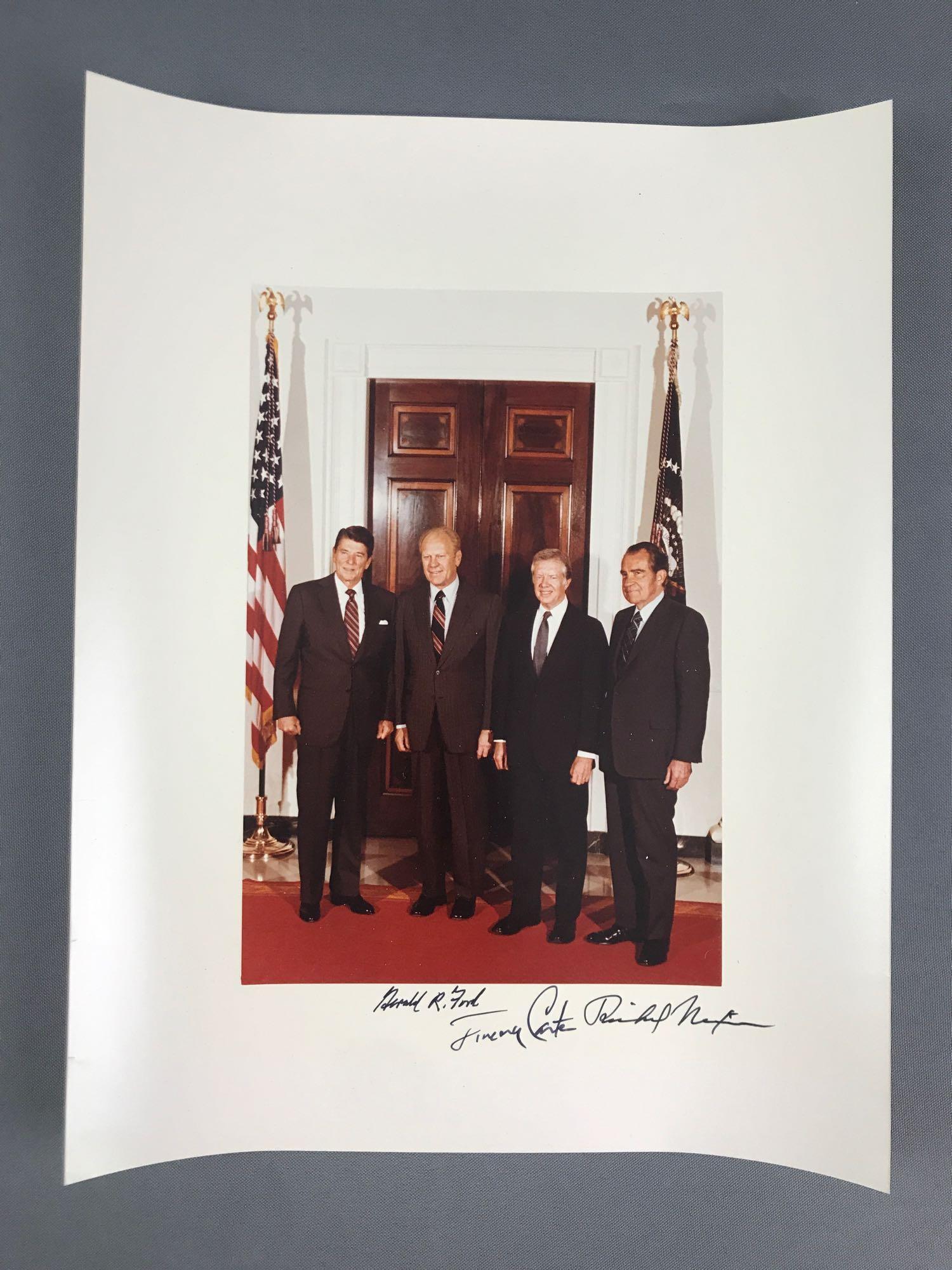 RARE Signed Presidential Photo - Nixon Carter Ford: Rare signed photograph of 4 U.S. Presidents assembled at the White House prior to departing for Egyptian President Anwar Sadatâ€™s funeral in 1981.&Signed by Richard Nixon, Jimmy Carter, and Gera
