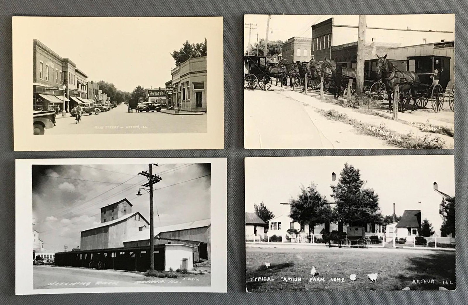 Postcards- Arthur, Illinois Real Photo & More: Group of 7 postcards featuring Real Photo of business district and Amish farms, and Churches, restaurants and more.