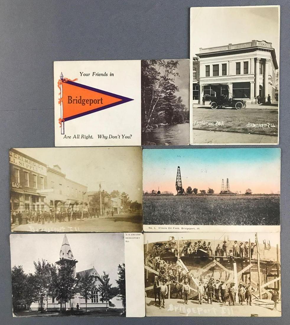 Postcards-Bridgeport, Illinois: Group of 6, oil field, tank construction, bank, church, some RPPCs