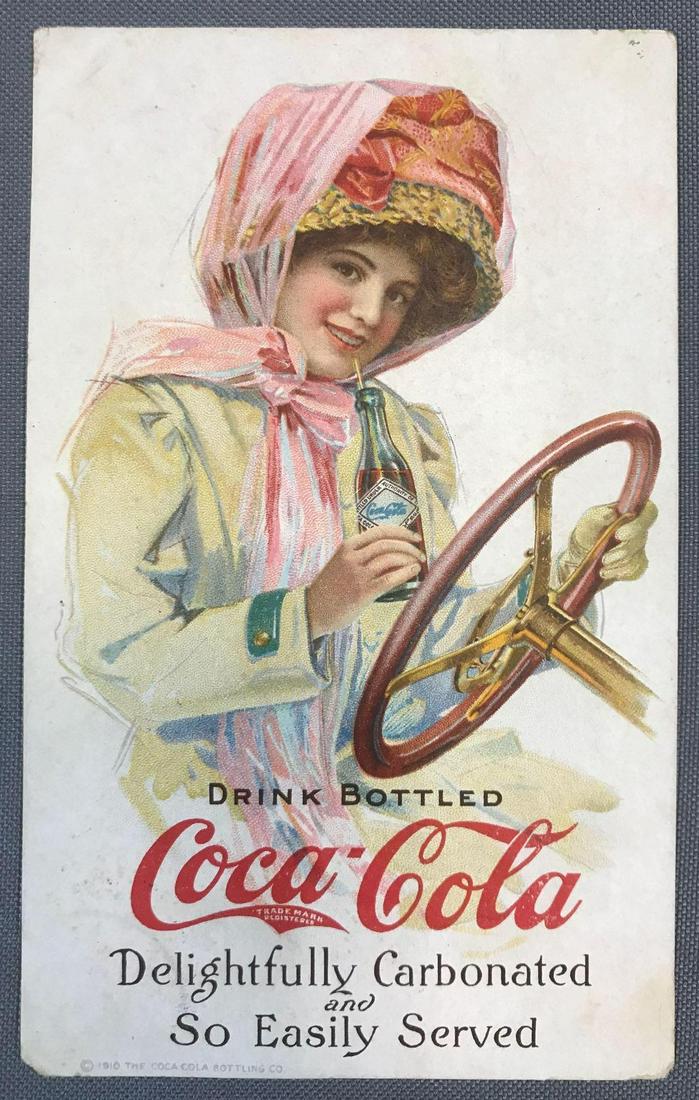 Postcard-Coca-Cola: Coca-Cola girl driving. Some damage to corners. Postally used in 1914.& Another extremely hard to find postcard.&