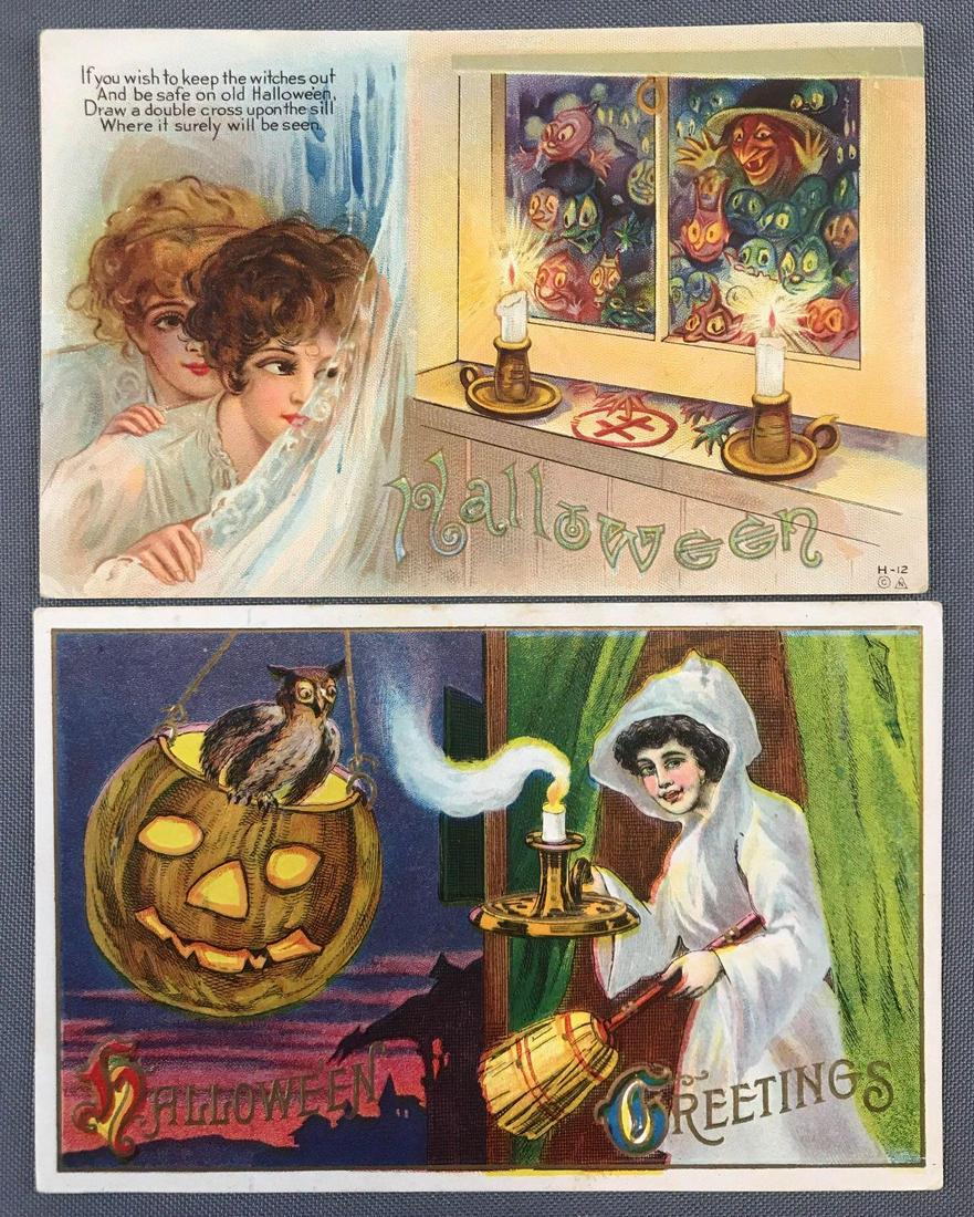 Postcards-Halloween: Group of 2, women, candles, owl, witches. Embossed