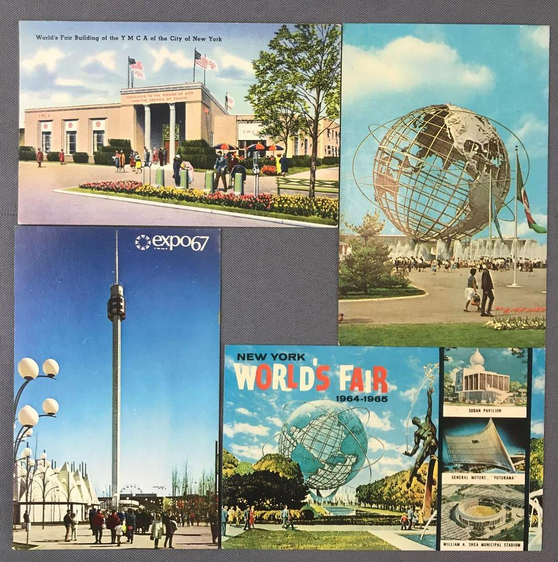 Postcards-Small Album-New York Worlds Fair and 67: Group of 50+, includes (1) Seattle Worlds Fair and (1) 1939 King George VI and Queen Elizabeth Worlds Fair Visit card