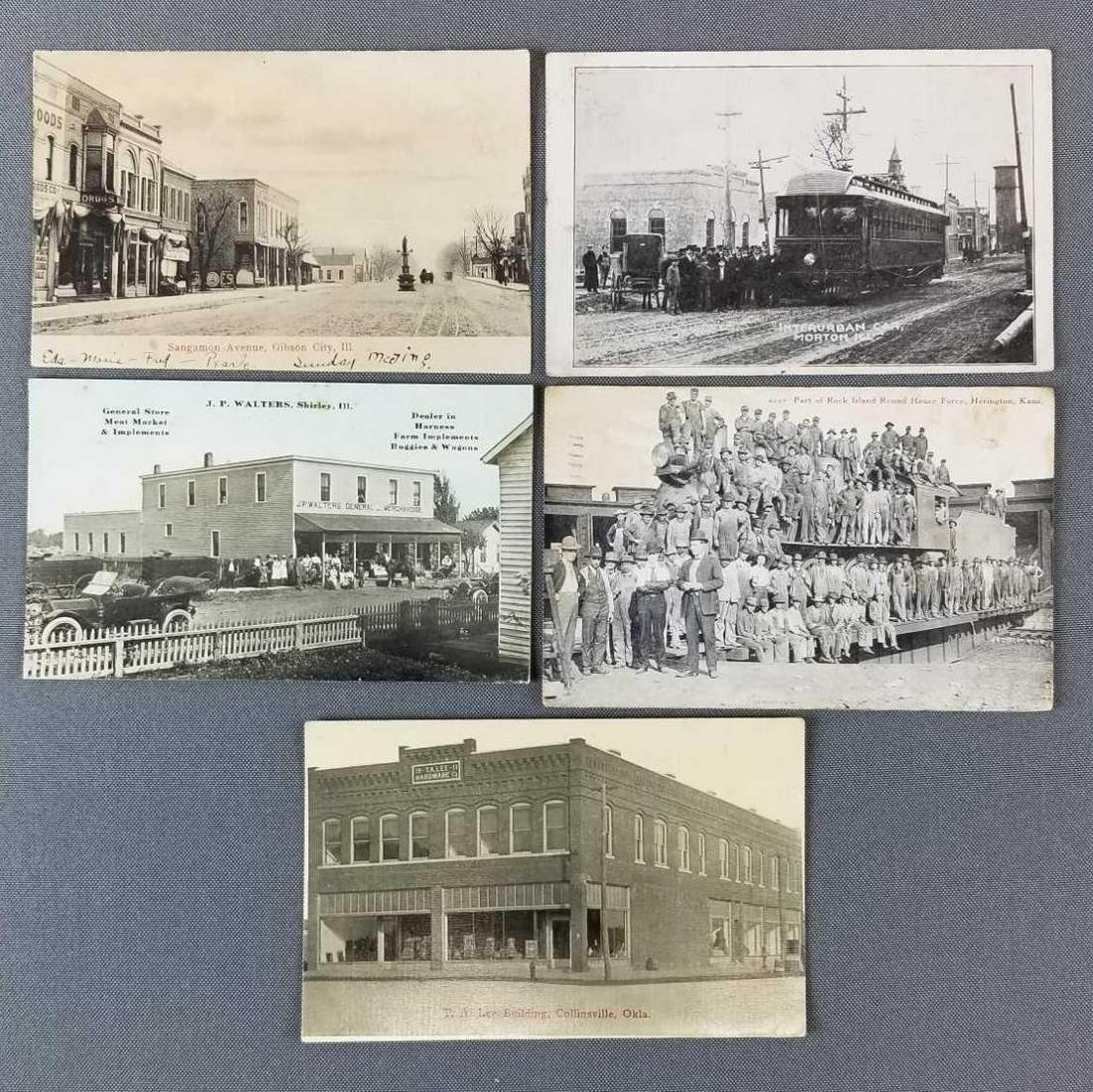 Postcards- group of 5: Rock Island round house force, Gibson City IL, Shirley IL, Interurban car Morton IL