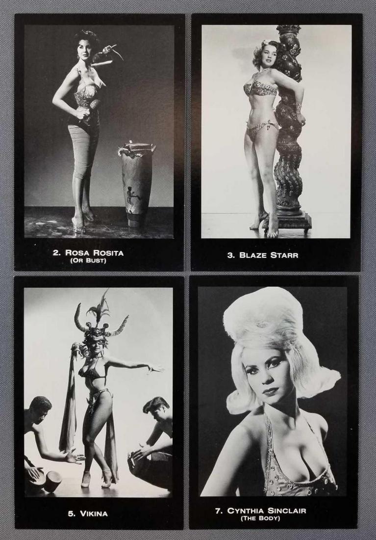 Group of burlesque cards: Backside creates picture. Includes Blaze Starr, Rosa Rosita, Fancy Free, Bambi, Vampress Paige and more. Set of 20