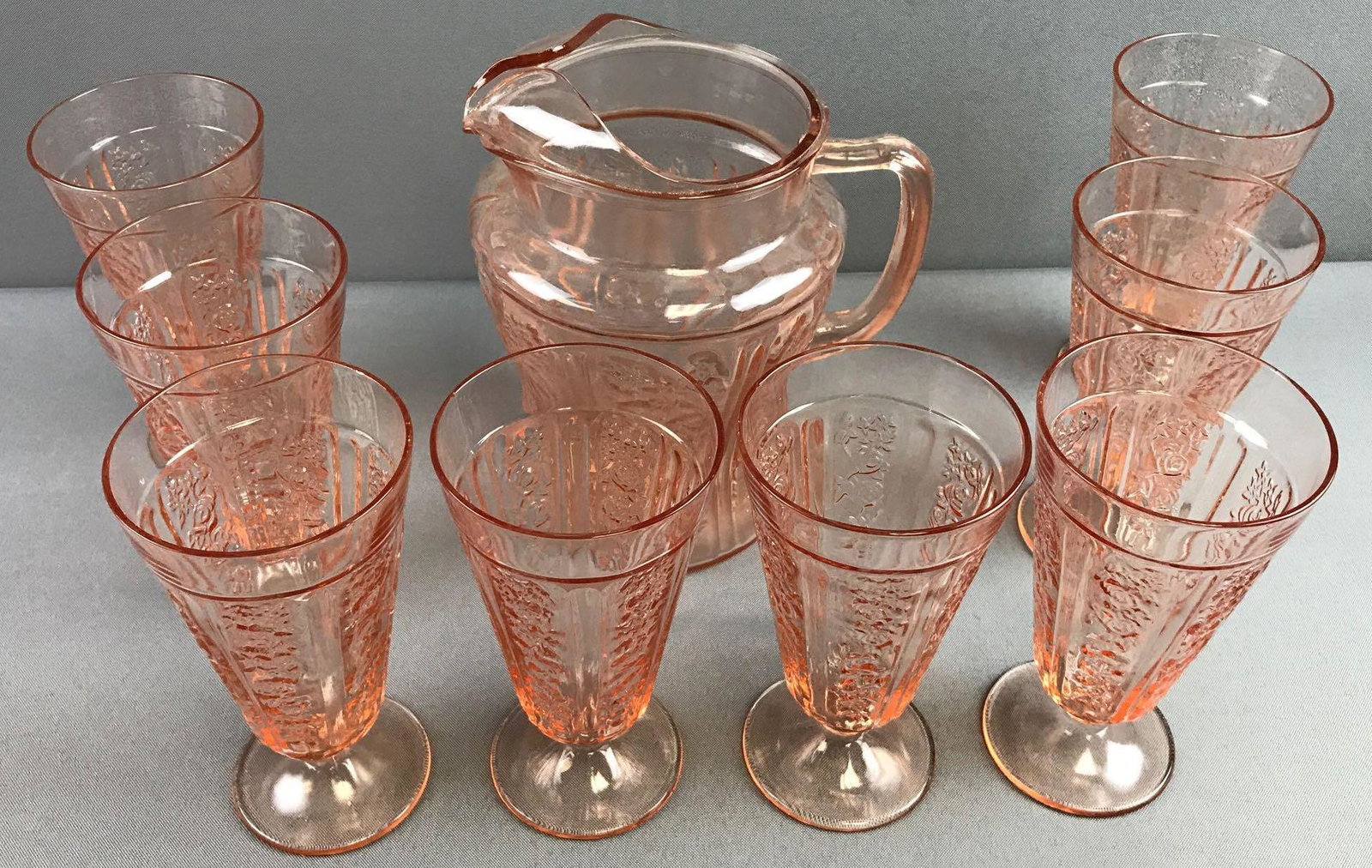 Group of 9 Pink depression glass- Glasses and Pitcher (1 of 4)