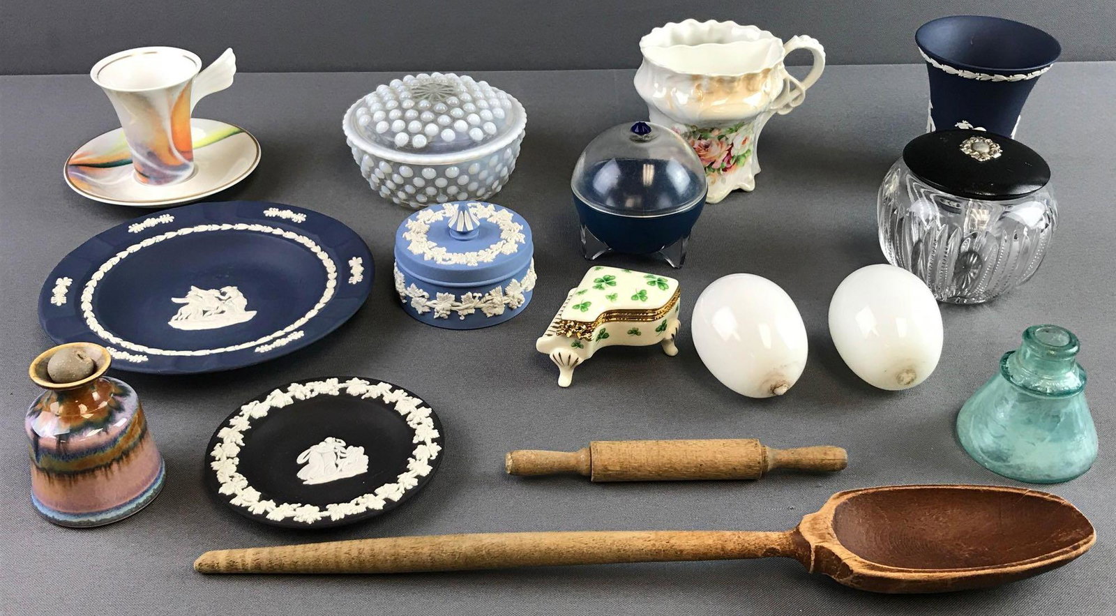 Group of Vintage Pottery and More: Includes Wedgwood, Lefton, Rosenthal and more. Includes trinket boxes, tea cup, plates and more. Largest measures 7x1 inch.