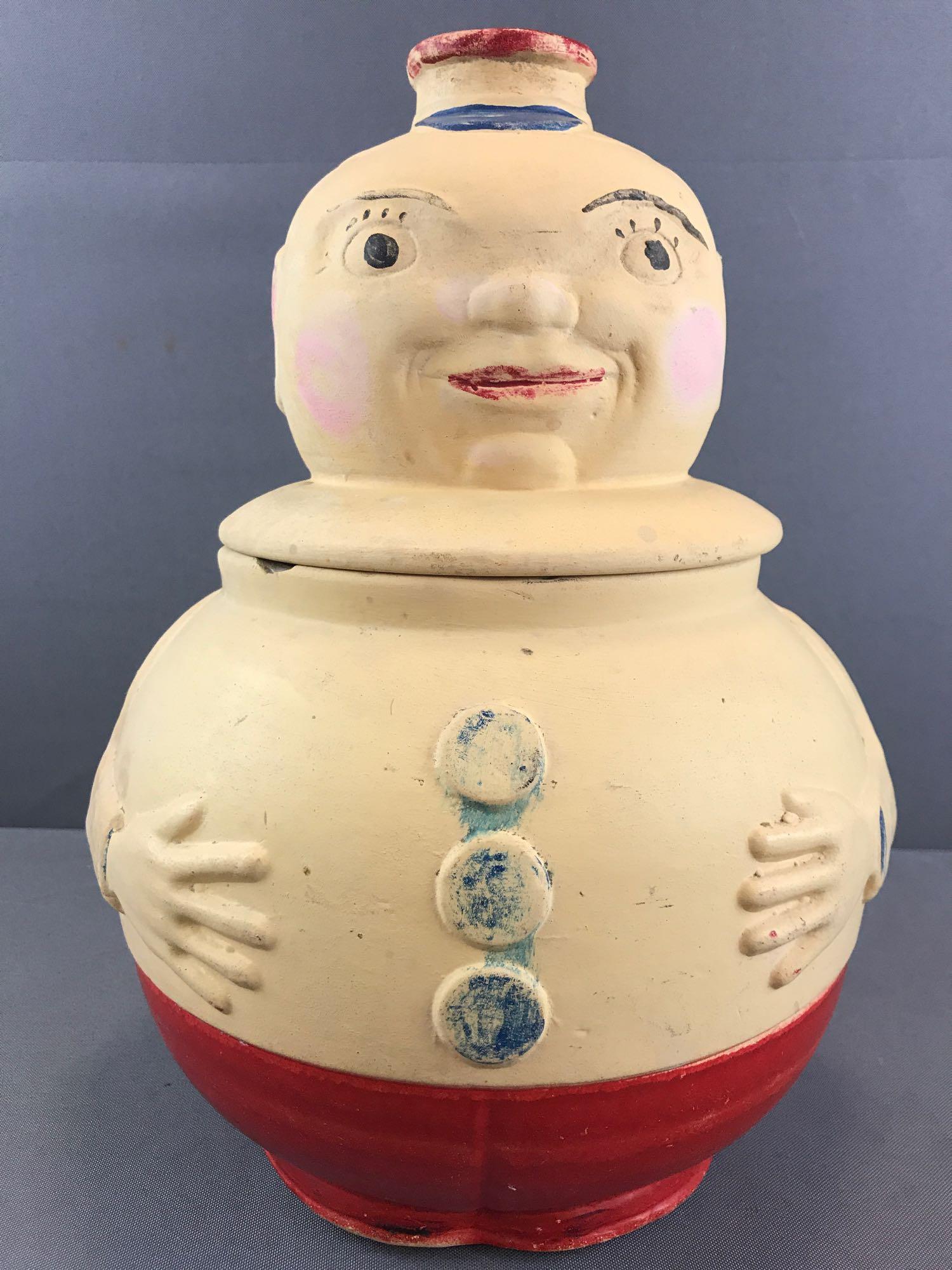 Vintage Cookie Jar-Captain: American Bisque or Robinson Ransbottom, Made in the U.S.A., 12 inches. Some chips, paint wear, and other imperfections consistent with age